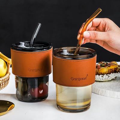 450ml Sealed Tumber Glass Cups with Straw and Lid for Easy Carrying of Coffee Beverage