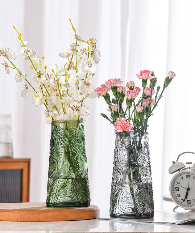 H20cm Modern Embossed Glass Vase for Flowers Elegant Home Office Decoration